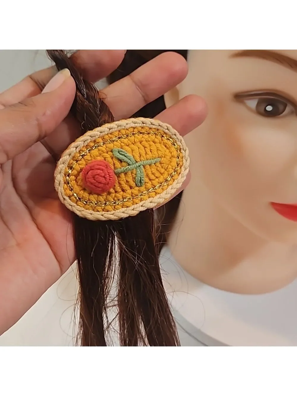 Hand Crafted Hand Knit Crochet  Hair Clip Red Rose embroidered Snap Clip 2.5